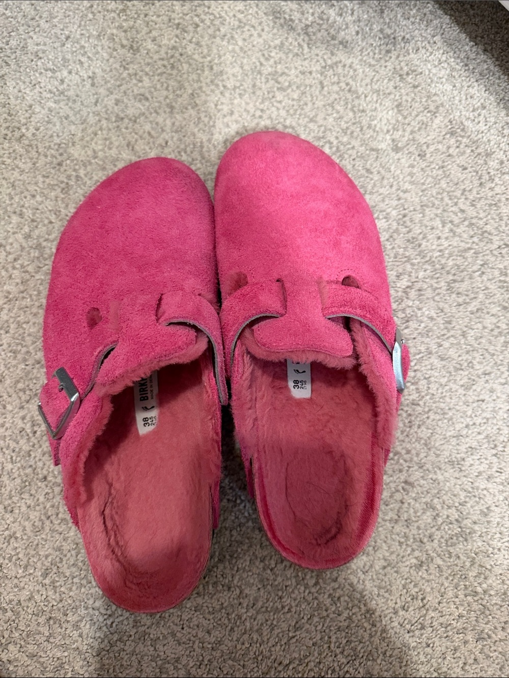 Birkenstock Pink Suede Fleece-Lined Clogs with Buckle